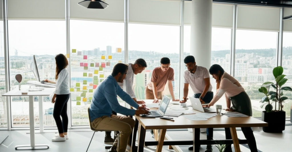 Team collaborating in a modern workspace